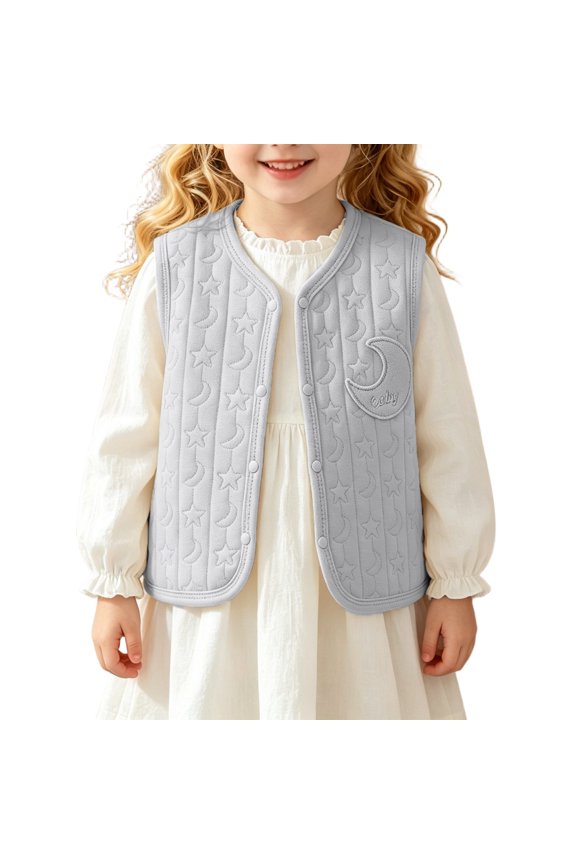 Toddler Girls Boys Quilted Vest Baby Soli𝖽 Color Star and Moon Quilted Pattern Sleeveless Vest Toddler Lightweight Warm Padded Waistcoat with Sna𝗉 Closure