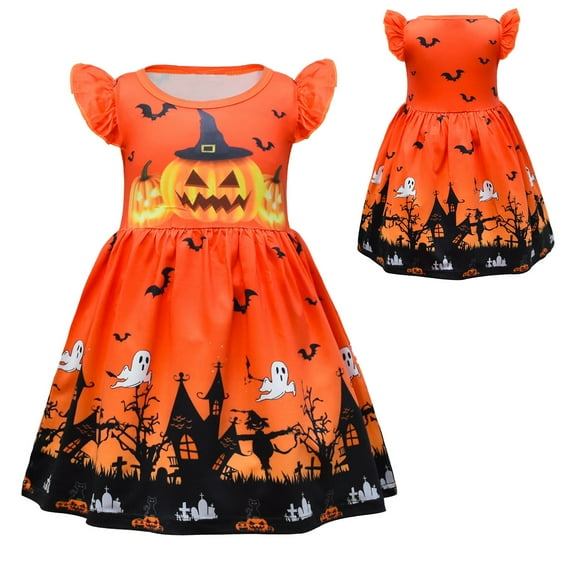 EnJoCho Toddler Girls Halloween Princess Dress with Cartoon Pumpkin Print & Flutter Sleeves, Cute Dress Par𝗍y Tutu Dress for Fall Holiday