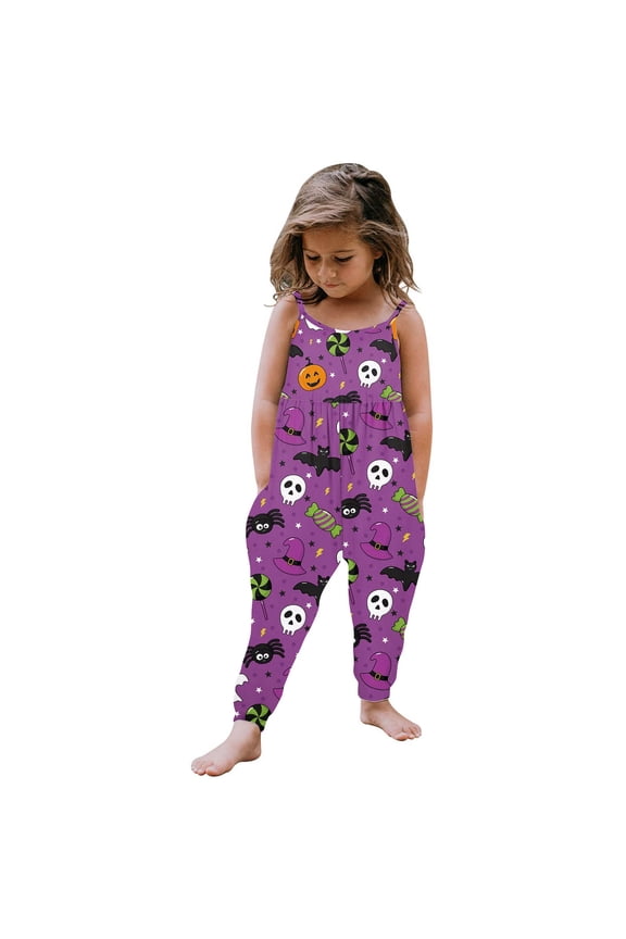 Toddler Girls Halloween Pumpkin Jumpsuit Cartoon Printed Strap Romper Overalls Soft Stretchy Fall Baby Jumpsuit for Kids 12-24 Months