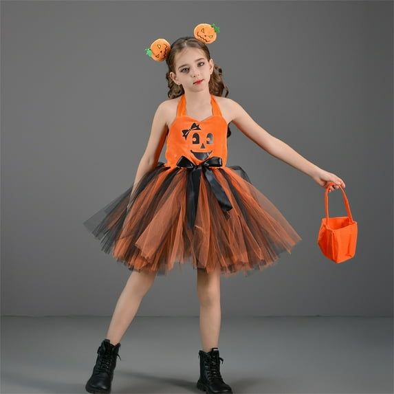 EnJoCho Toddler Girls Halloween Pumpkin Tutu Tulle Dress 3pcs Set with Bag Headband Dress Par𝗍y Outfit Photo Cute Celebration Dress