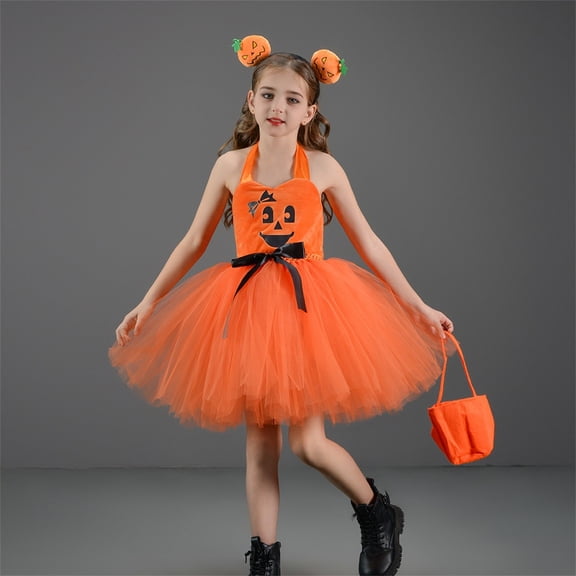 EnJoCho Toddler Girls Halloween Pumpkin Tutu Tulle Dress 3pcs Set with Bag Headband Dress Par𝗍y Outfit Photo Cute Celebration Dress