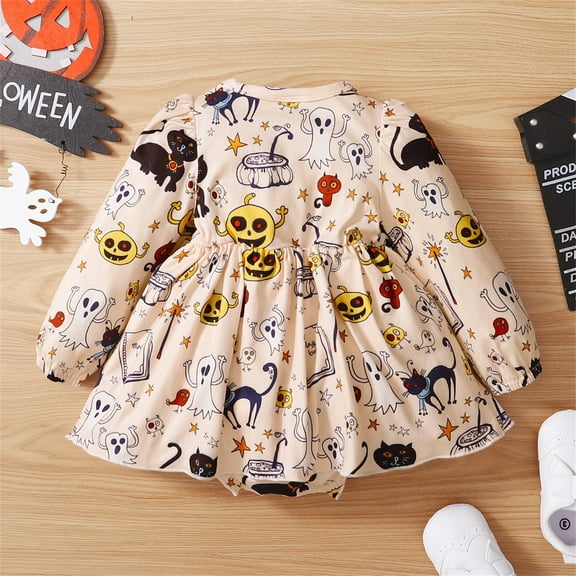 EnJoCho Toddler Girls Halloween Romper Dress Long Sleeve Pumpkin Print Cotton Fall Winter Casual Par𝗍y Outfit