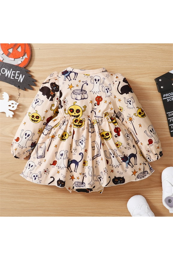 Toddler Girls Halloween Romper Dress Long Sleeve Pumpkin Print Cotton Fall Winter Casual Par𝗍y Outfit