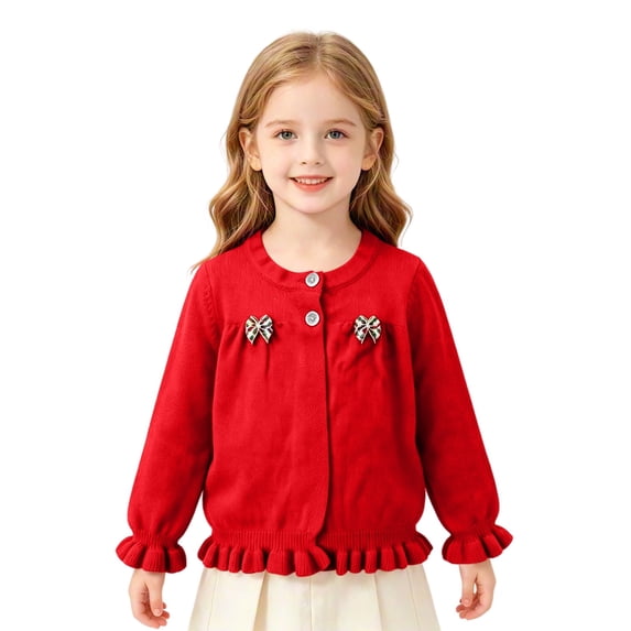 EnJoCho Toddler Girls Knit Cardigan Girls Ruffled Hem Bow Open Front Sweater Jacket Kids Long Sleeve Button Cute Clothes Tops Cable Knit Girls Sweater Fall