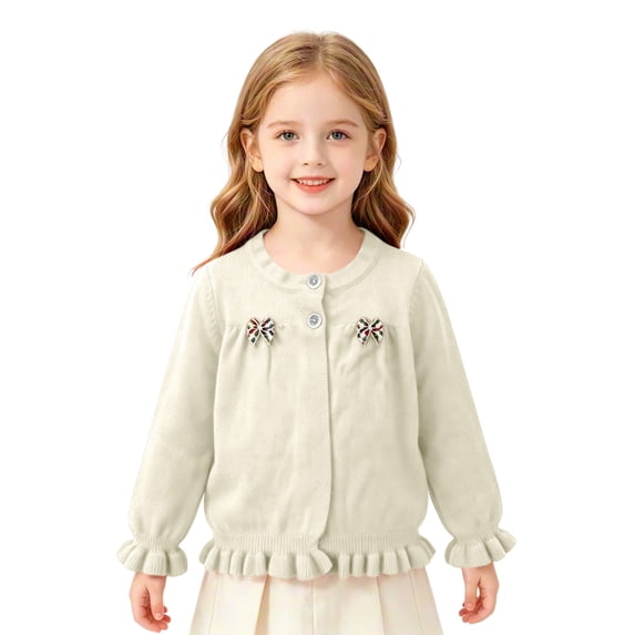 EnJoCho Toddler Girls Knit Cardigan Girls Ruffled Hem Bow Open Front Sweater Jacket Kids Long Sleeve Button Cute Clothes Tops Cable Knit Girls Sweater Fall