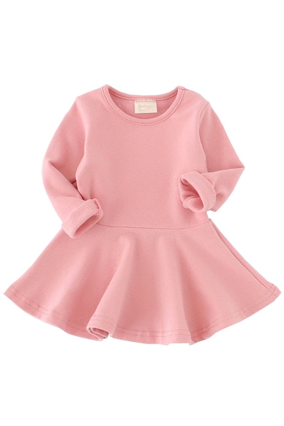 Toddler Girls Long Sleeve Cotton Dress with Rufle and Swing Skirt, Pure Cotton Gathered Flared Baby Girl Dress for Spring Autumn Casual Wear