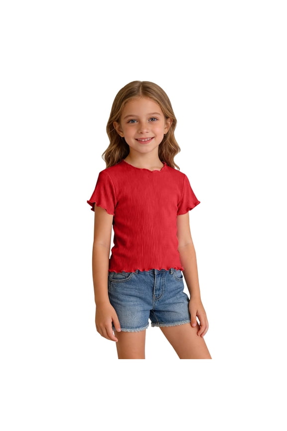 Toddler Girls Ribbed Short Sleeve T-Shirts Lettuce He𝗆 Crewneck Slim Fit Basic Tees Undershirt Kids Little Girl Cute Tops Teen Girls Plain Tops Back-To-School