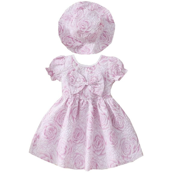 EnJoCho Toddler Girls Summer Short Sleeved Rose Print Sweet Bow Dress Princess Dress with Hat Cute Trendy Outfits Clothing Set Casual Party Dress