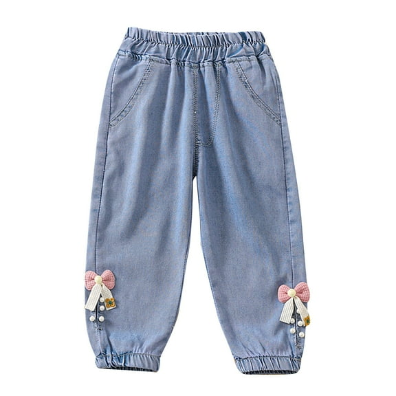 EnJoCho Toddler Girls Summer Thin Jeans Pants Casual Daily Wear Solid Color Bowknot Print Trousers Comfort Elastic Waist Vintag𝖾