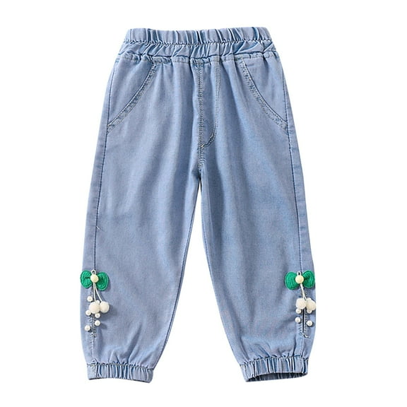 EnJoCho Toddler Girls Summer Thin Jeans Pants Casual Daily Wear Solid Color Bowknot Print Trousers Comfort Elastic Waist Vintag𝖾