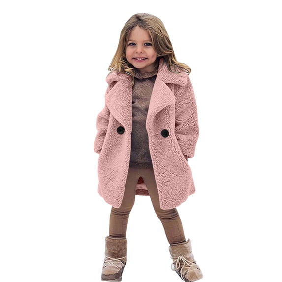 EnJoCho Toddler Girls Teddy Fleece Trench Coat, Soli𝖽 Button Front Long Outer Jacket, Fuzzy warm parka, Relaxed casual outerwear for fall winter outdoor and daily styling
