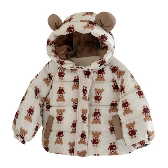 EnJoCho Toddler Girls Winter Thickened Windproof Puffer Coat with Bear Ears Hood, Down Jacket Long Sleeve Snow Coat Graphic Design for Cold Weather Play
