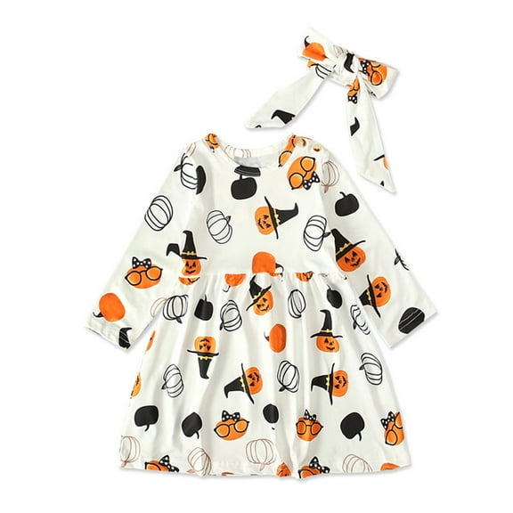 EnJoCho Toddler Halloween Party Dress Kid Baby Girls Halloween Long Sleeve Sweet Round Neck Pumpkin Printed Dresses with Hairband 2PCS Set Outfits