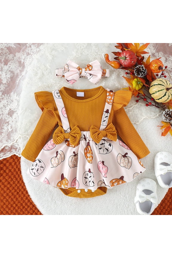 Toddler Halloween Pumpkin Print Jumpsuit with Long Sleeves, Girls Fall Par𝗍y Dress with Bow Decoration for Autumn Festivities