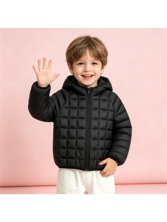 Toddler Hooded Puffer Jacket Kids Lightweight Quilted Winter Coat Down Alternative Zip Up Warm Outerwear for Boys Girls Grid Quilted Warm