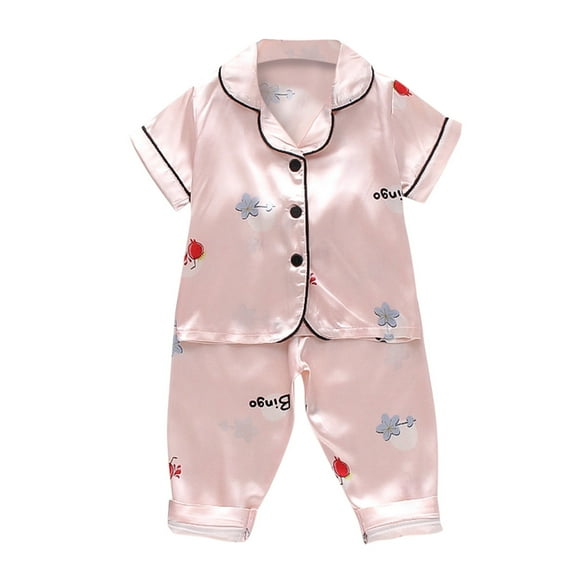 EnJoCho Toddler Kids 2Pcs Sleepwear Set Baby Boys Girls Floral Flower Short Sleeve Lapel Neck Tops Long Pants Pajamas Pink Sleepwear Outfits Home Clothes PJS