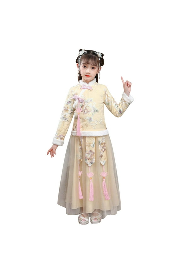 Toddler Kids Baby Children Fairy Hanfu Lined Warm Coat Jacket Tops For Chinese New Year Princess Tulle Skirts Embroidery Tang Suit Performance