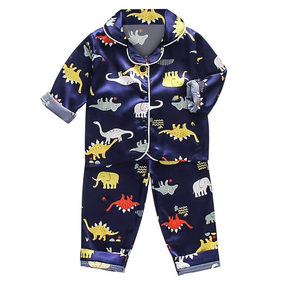 EnJoCho Toddler Kids Home Pajamas Baby Boys Girls Satin Cartoon Button Down Shirt Tops Long Pants Silk Sleepwear Outfits Loungewear Set Children 2 Pieces PJS