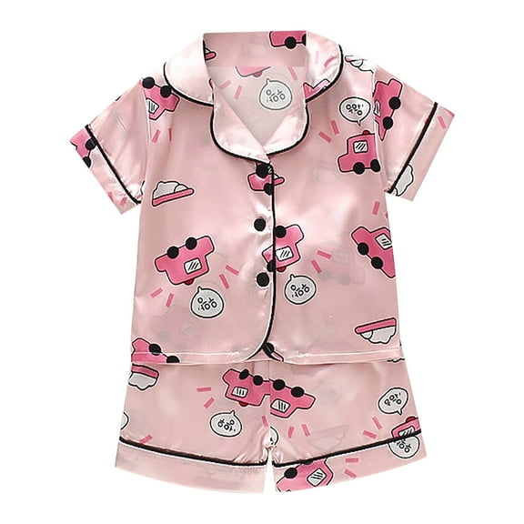 EnJoCho Toddler Kids Home Sleepwear Baby Boys Girls Satin Cartoon Button Down Short Sleeve Shirt Tops Shorts Silk Pajamas Sleepwear Outfits Children 2 Pieces PJS Set