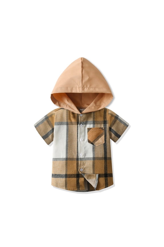Toddler Kids Plaid Shacket Jacket Boys Girls Flannel Shirts Short Sleeve Button Down Hooded Jackets Summer Outwear Toddler Boy Vacation Tops