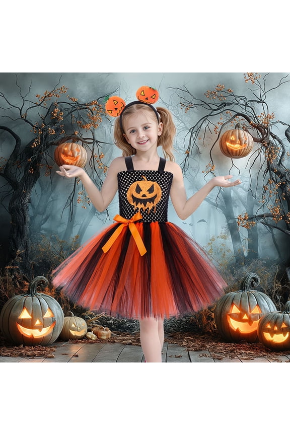 Toddler Little Girl Halloween Pumpkin Princess Tutu Tulle Dress Sleeveless Par𝗍y Dress Fall Winter Outfit Fashion Celebration Photo Dress