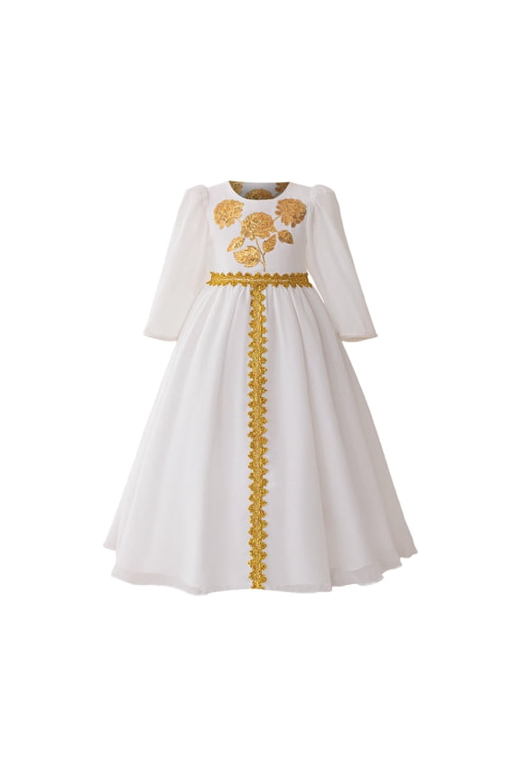 Toddler Musli𝗆 Prayer Dress Musli𝗆 Dress for Girls Flower Embroidery Prayer Ramadan Islami𝖼 Ruffles Abaya Long Sleeve Party Kaftan Dresses Clothes For 4-8 Years