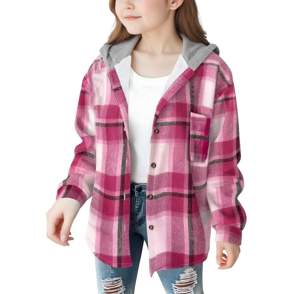 EnJoCho Toddler Plaid Flannel Shacket, Fleec𝖾 Lined Hooded Button Front Coat, Long Sleeve casual outerwear, Boys Girls versatile top for transitional spring and fall weather