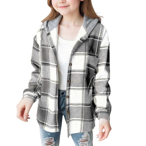 EnJoCho Toddler Plaid Flannel Shacket, Fleece Lined Hooded Button Front Coat, Long Sleeve casual outerwear, Boys Girls versatile top for transitional spring and fall weather