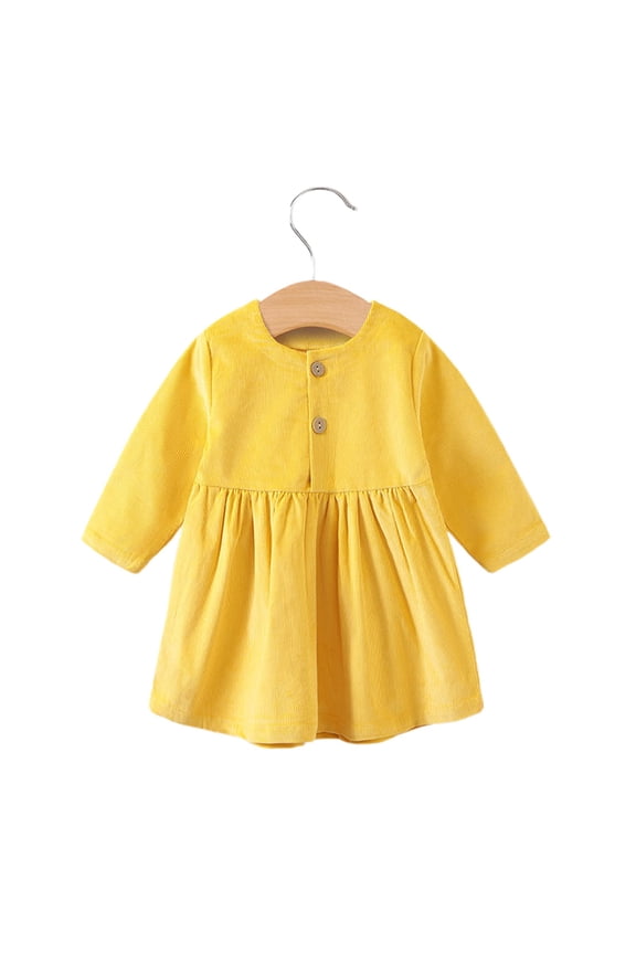 Toddler Ribbed Knit Dress Baby Girls Half Button Long Sleeve, Pleated Plain Fall Winter Warm Soft Casual Dresses for Everyday