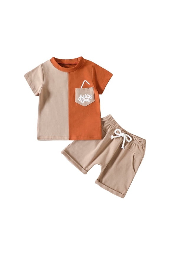 Toddler'S Trendy Summer Short Sleeve Shorts Set Toddler Boy's Short Sleeved Monogram Print Pocket Color Matching Suit For 0 To 4 Years