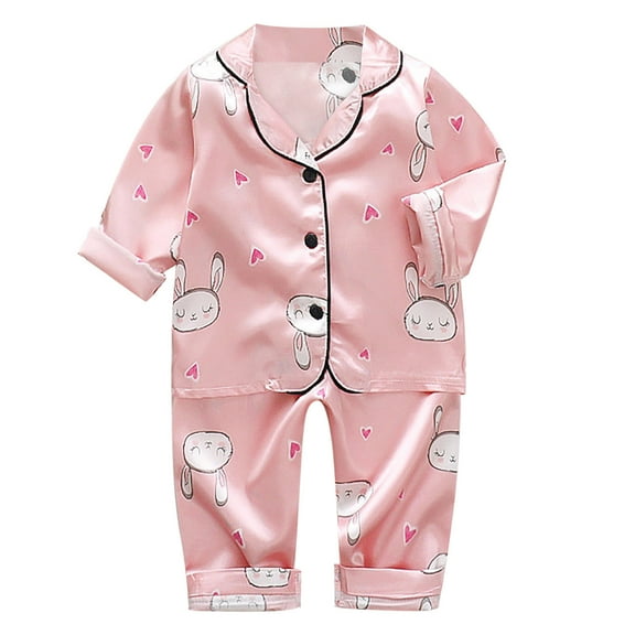 EnJoCho Toddler Sleepwear Home Clothes Kids Baby Girls Satin Cartoon Button Down Shirt Tops Long Pants Silk Pajamas Outfits Loungewear Set Children 2 Pieces PJS Set