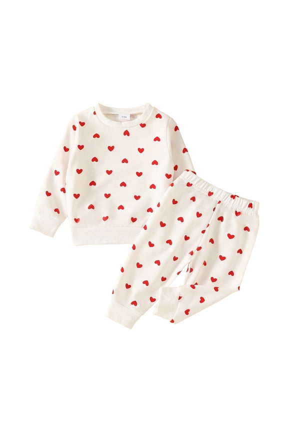 Toddler Valentine Heart Print Sweater Set Two Piece Long Sleeve Round Neck Pullover Comfortable Pants Home Wear Outdoor Sportswear Spring Fall Seasonal Cozy 2024 Kids Clothing Playsuit