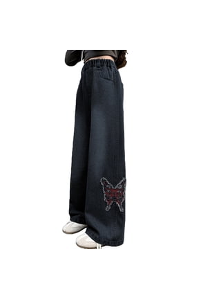 Tween Girls Baggy Jeans Pants 2025 Trendy 𝖸2𝖪 High Waistband Wide Leg Butterfly Embroidered Cute 6-14Y Distressed Vintag𝖾 Straight Flare Mom Jeans Casual Chic