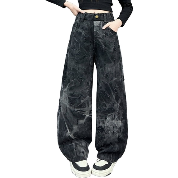 EnJoCho Tween Girls Ripped Wide Leg Baggy Jeans ๐ธ๐ค๐ช Hole Straight Denim Pants Summer Fall Versatile Casual Prep๐y Bottoms Kids