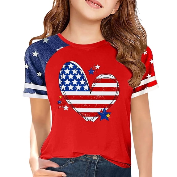 EnJoCho USA American Flag Shirt for Girls Boys 4th of July Shirt American Flag T-Shirts for Kids Toddler Patriotic Tee Tops Girls Independence Day Outfit 3-14 Years