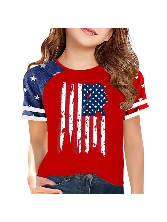 USA Shirts for Kids Girls American Flag Shirt 4th of July Tshirt Toddlers Casual Short Sleeve Tops Tween Graphic Tees