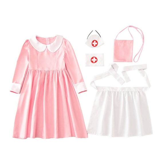 EnJoCho Wartime Girl Doctor Dress 5 Piece Set with Apron Hat, Armband and Backpack Performance Dress Role Play Historical Outfit