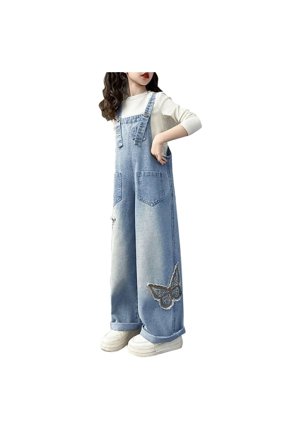 Wide Leg Denim Overalls for Teen Girls Trendy Butterfly Patch Jean 𝖱omper Kids Y2𝖪 Cute Baggy Suspenders Pants with Pockets Girls Denim Overalls