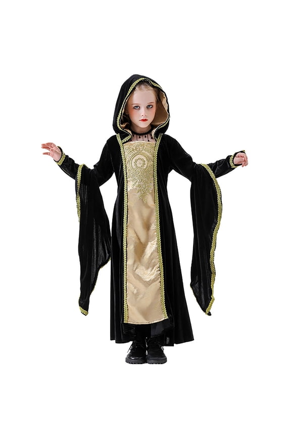 Witch Robe 𝖢ostume for Girls - Embroidered Long Sleeve Dress, Cute Soft Outfit for Youth Kids, Hallow-een Witchcraft Performance Clothes