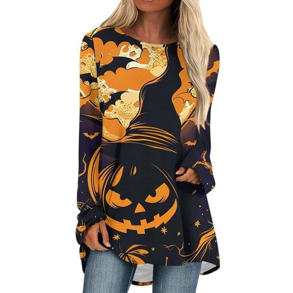 EnJoCho Women Loose Tops Long Sleeve Shirts for Women Fall Stylish Crew Neck Womens Blouses Tunic Lightweight Plus Size Graphic Tees for Hallowe-en Casual Plus Size Trendy Active Wear Tops
