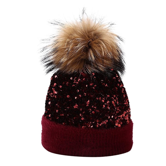 EnJoCho Women'S Cozy Pom Pom Knit Hat Ladies Chic Pom Pom Beanie Women Outdoor Warm Knitted Hat Dyed Ball Sequined Hat Ear Protection Hat In Winter Matching Color Block Pom Beanie