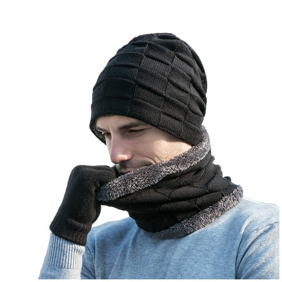 EnJoCho Women'S Men'S Outdoor Thermal Beanie Men's Winter Knitted Windproof Hat Scarf Gloves Three-piece Winter Knitted Hat Men's Warm Hat Unisex Double-Layered Knit Beanie