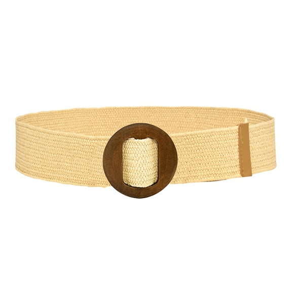 EnJoCho Women Straw Woven Belt Elastic Rattan Waist Belt Stretch Boho Dress Braided Belt Raffia Belt with Wood Buckle for Girl Women Woven Elastic Casual Summer Solid Belt Stretch Skinny Belt