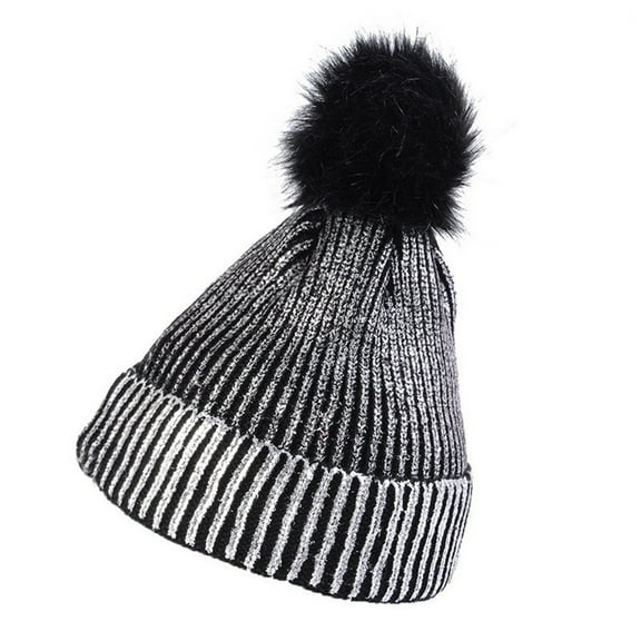 EnJoCho Women Winter Warm Knitted Beanie Hat with Faux Fur Pompom Metallic Shiny Hats Cap Women Beanie Hat, Winter Warm Glitter Sequin Knitting Bronzing Pom Pom Cap for Ladies Girls