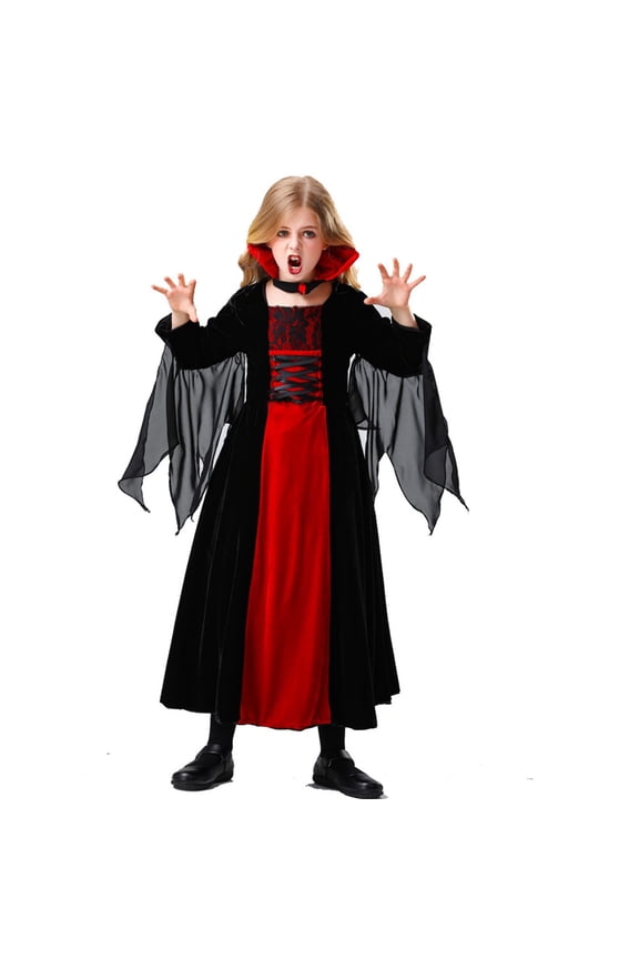 Women’s Elegant Gothic 𝖬edieval Dress - Lace Dress with Trumpet Sleeves for Cos-play, Halloween Par𝗍y 𝖵ampire Witch Dress