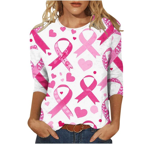 EnJoCho Workout Tops for Women 3/4 Sleeve Cancer Awareness Shirts for Women Ribbon Print Casual Crewneck Three Quarter Sleeve Tunic Tops Plus Size Blouse Going Out 2024 Trendy Active Wear Tops