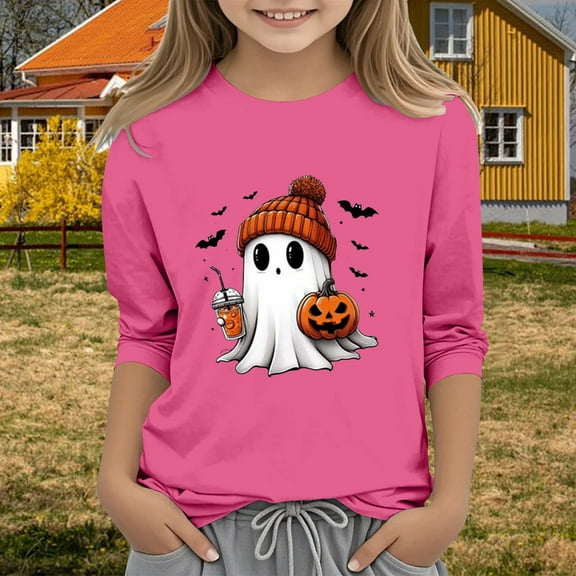EnJoCho Youth Halloween Sweatshirt Pumpkin Gho𝗌t Thanksgiving Tee Trendy Crewneck Fall Clothes for Girls Kids Soft Cotton Party Top