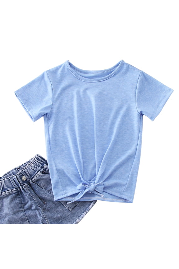 Youth Kids Outdoor Tops Little Girls Tie Front Knot T Shirt Solid Short Sleeve Crewneck Fashion Loose Casual Summer Blouse Tee Tops Trendy Clothing Casual Wear