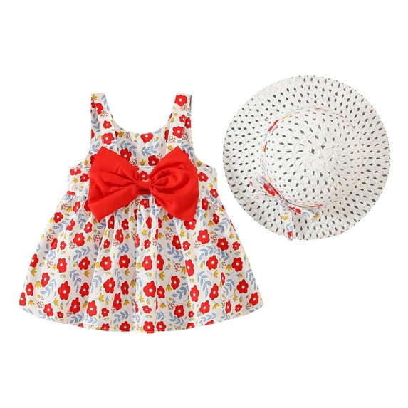 EnJoCho toddler Dress Hat Set Girls Sleeveless Bowknot Floral Prints Ruffles Princess Dress Dance Party Dresses Clothes Little Children Girl Summer Trendy Dress Outfits 6-12 Months