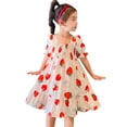 thumbnail image 1 of EnJoCho toddler Girls Cute Strawberry Ruched Dress Princess Dresses Strawberry Prints Short Bubble Sleeve Clothes Baby Kids Summer Casual Party Dresses 2-3 Years, 1 of 9
